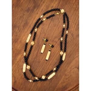 Vintage Napier 40" Faux Bone and Black Beaded Necklace and Earrings Tribal READ